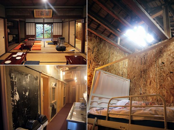 （左上）座敷は改修せず、そのまま利用。畳の大きさも現代のものと少し違うため、取り替えていないそうだ（左下）蔵を利用した客室の廊下。左側の黒っぽい壁は、質感のある蔵の壁をそのまま現している（右）もうひとつの蔵の客室。あえて天井を張らずに屋根の構造が見えるようにした