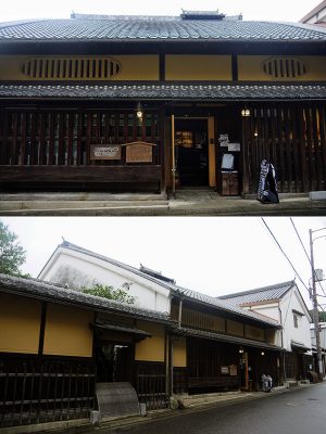 （上）正面外観。向かって右が“法蓮格子”、左が出窓のように張り出した“出格子”。下枠も驚くほど太い（下）手前の塀の内側に庭があり、その奥に主屋より棟の低い“落棟座敷”がある