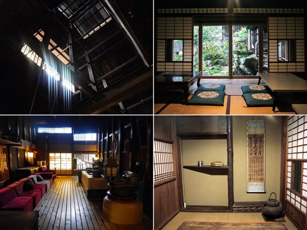 （左上）通り庭の上に見える屋根架構（左下）通り庭に床を張ったロビー。右手前の丸い“かまど”が神様用。奥にある人間用の“かまど”は今もイベントなどで使うそうだ（右上）中庭を望む座敷（右下）茶室