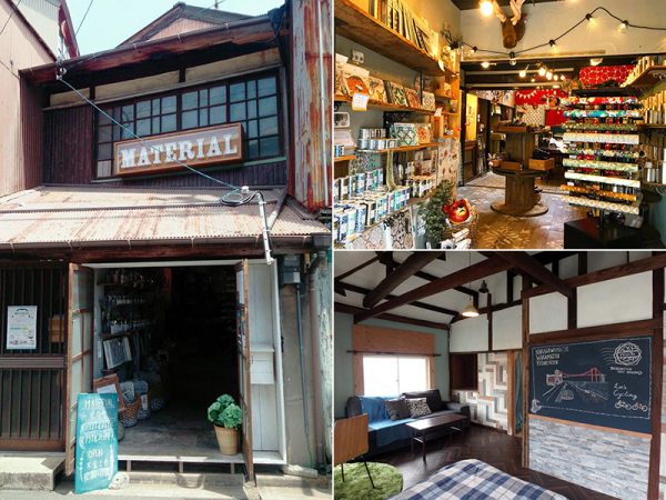 （左）空き家を改装してオープンした「マテリアル中川町」外観（右上）「マテリアル中川町」店内風景（右下）別の空き家をリノベし、シェアハウスを経てゲストハウスに生まれ変わった「recoya」