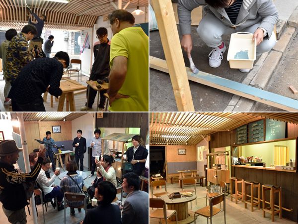 （左上・右上）「本町Terminal」オープニングイベントのDIYワークショップの様子（左下）完成した「本町Terminal」で乾杯（右下）店内の様子。入場料500円で日替わり駄菓子やワンドリンク付きの休憩スペースが使える。オプションでシャワーや貸しタオルなども利用できる