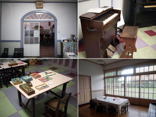 （左上）ガラス戸。当時のガラスをみることができる（左下）保育室内の椅子とテーブル。幼児教育で使われた道具が残っている（右上）開園当初から使われている現役の松本リードオルガン（右下）遊戯室から園庭を望む。奥には園長先生が晩年を過ごした老人ホームがある