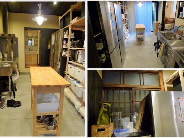 左）玄関の引き戸を開けて中へ入ると、このような土間のキッチンの空間が広がる</BR>右上）キッチンには作業台や収納棚などが配されている。冷蔵庫は2台</BR>右下）冷蔵庫の後ろの窓ガラスは、かつてのまま。リノベーションする以前の窓ガラスがそのまま使われている