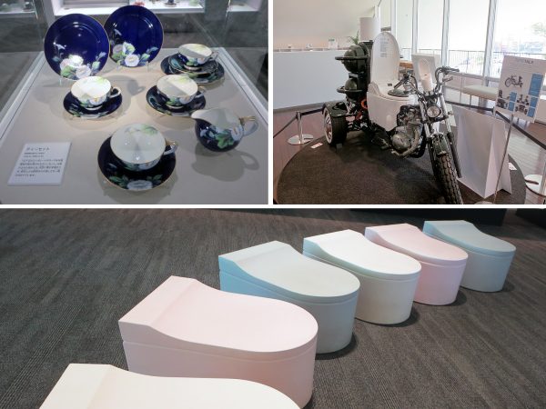 左上：TOTOのコーポレートカラーの元となった瑠璃色の釉が施されたティーセット<br>
右上：腰掛式便器の座席付き「トイレバイクネオ」は家畜の排せつ物や生活排水を発酵させたバイオガスで走る<br>
下：便器の形を模したベンチでひとやすみ。やわらかく座り心地もいい