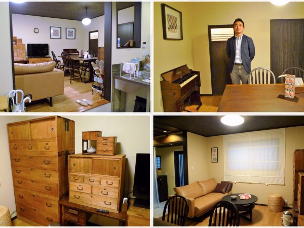 左上）キッチンから見たリビングの様子</BR>右上）取材に対応してくれた寺澤宏樹さん。商社勤務と不動産会社勤務を経て、2010年に泰伸株式会社を設立した。「私と妻の二人三脚でやっている会社ですが、妻は子育てで忙しくしていて、今のところは私ひとりで頑張っている感じです（笑）」</BR>右下）リビングにはソファも置かれ、ゆったりとくつろげる雰囲気</BR>左下）オーナーの母親のお嫁入り道具である桐箪笥