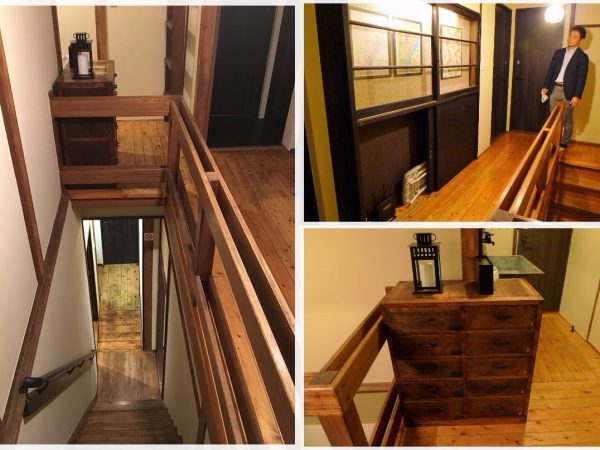 左）2階廊下から見た階段の様子</BR>右上）居室があるのは2階。廊下には浅草の新旧の地図とともに、寺澤さん作のファブリックアートが飾られている</BR>右下）2階の廊下に置かれた収納用の引き出し。もともとこの家にあったものを寺澤さんが磨いた。引き出しの背後にあるのは洗面台で、古くから使用されていた石をそのまま使っているという