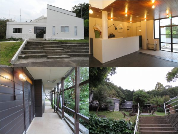 左上から時計回りに以前の姿を生かした本館入口、フロント、点在する建物に廊下に面した浴室棟