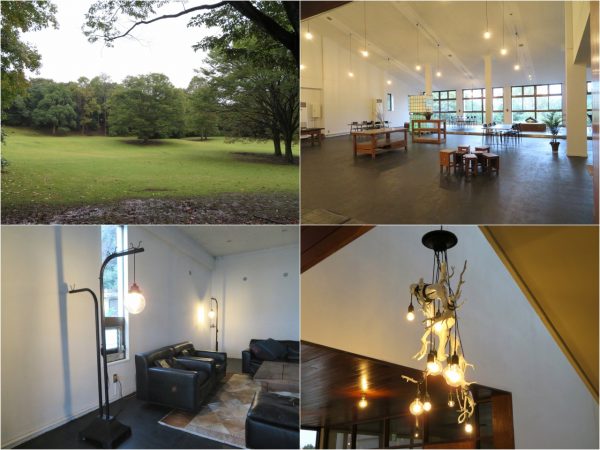 左上から時計回りに広大で緩やかな傾斜が魅力的な芝生広場、遊びの場、雨の日の食事の場となるホール、流木を利用したエントランスの照明、物干しを利用した照明