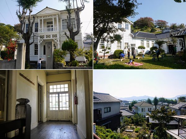 （左上）「海友舎」正面外観。中央に張り出したバルコニーが特徴的だ（右上）敷地内には広い庭も。右側の平屋の部分は2階建ての棟より後に増築された（左下）2階廊下（右下）裏山からの眺望。中央の白い建物が「海友舎」、遠くに江田島湾を望む