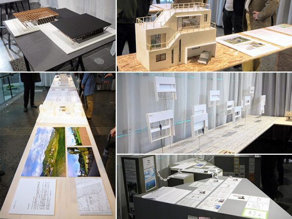 展示作品の一部。（左上）酒井亮憲「ひと繋がりの視線」（左下）前嶋章太郎「周辺の主体性-O夫妻の家の巡る物語-」（右上）安田智紀「ダイチノイエ」（右中）齋藤隆太郎「価値観の多様性とカタチ」（右下）野中あつみ＋三谷裕樹「志摩ドクタープロジェクト」