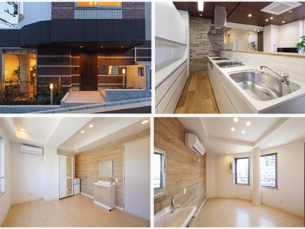 上左）エントランスの様子。玄関の鍵はSuicaやスマホ連動のスマートロックキー</BR>上右）1階リビングにはカウンターテーブル付きのキッチンが併設されている</BR>下）居室は全室に防音設計が施されているうえ、冷蔵庫、洗面台、ワードロープも完備。左はAタイプ（正方形の部屋）、</BR>右はBタイプ（扇型の部屋）