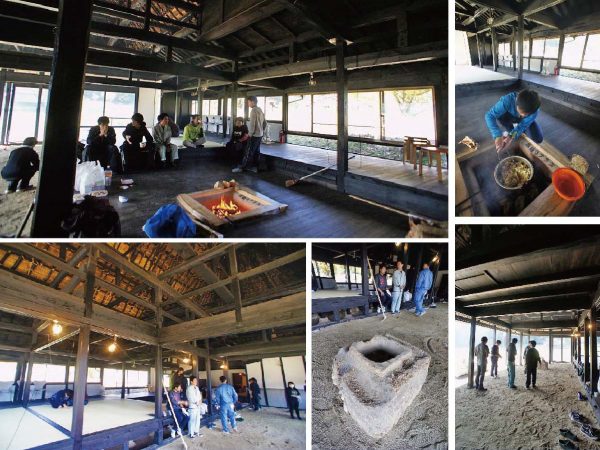 ▲写真下段中央は『掘りごたつ』の跡。もともとここには居間があり、この中に火鉢を入れて暖を取っていたことが窺える。自分たちで作った囲炉裏に火を入れて昼食の準備をするのも学生たちにとっては貴重な体験だ