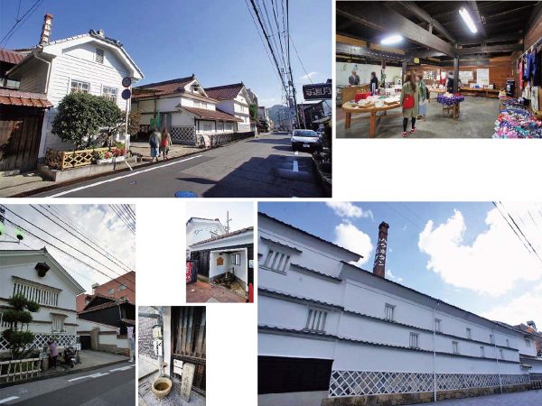 ▲各酒蔵では、仕込み水として使う井戸水を無料で開放しており、地元の人たちはペットボトルを持って水汲みに訪れる。写真右下は、この地域で最も古いとされる築350年ほどの白牡丹酒造『延宝蔵』（延宝年間、1670年代の建物）。当時は、酒づくりに使用する甕（かめ）や桶のサイズが今よりも小さかったため、この蔵だけ他よりも屋根が一段低くなっている