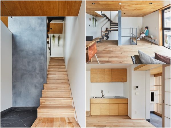 写真左と右上は2・3階のメゾネットの住居。引き戸のある土間空間から2階へと上がる。右下は1階の住居。格子戸や土間空間が</br>日本家屋の美しさ、伝統を思い起こさせる。木造住宅のような佇まいのQUANDOだが、構造は鉄骨造となっている