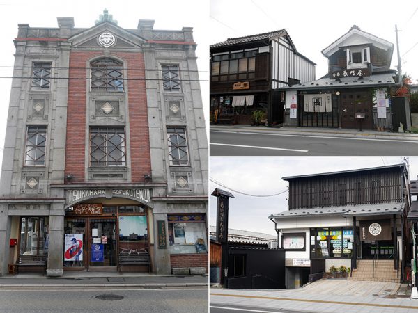 写真左：呉服店だった店舗がプロ向けのスポーツショップに。県外からも買い物客が訪れている<br>
写真右上：老舗のお菓子屋さんや会津漆器を取り扱うお店など、幅広いジャンルの店舗が並ぶ<br>
写真右下：七日町通りの会津信用組合。七日町のまち並みに合せて、格子窓やのれんが