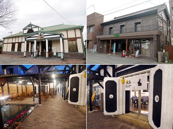 写真左上：七日町駅。洋風建築にリノベーション<br>
写真右上：旧家芳賀家の蔵を改修した七日町パティオ<br>
写真下：七日町パティオ内部。2017年9月にカフェ、生花や雑貨を販売するクラガーデンがオープンしたばかり。現在他店舗のテナントを募集中とのこと