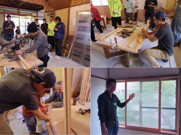 まっすぐにカットするため、卓上丸ノコを使用（左上）窓枠を組む際は、クランプで押さえてビスを打つ（右上）ポリカを挟む細い木材には、ケーシング釘を使用。木材が割れないよう、ドリルで穴を開ける一手間が重要（左下）かっこいい二重窓に入居者さんもご満悦。上下に溝をつけた内窓用の窓枠は、事前に藤江さんが製作してくれた（右下）