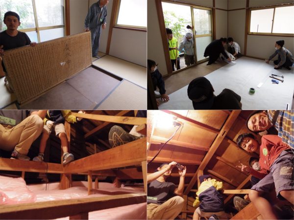 畳の下は板張りで、隙間からは冷気が…（左上）気密シートは、少し重なり合うように。タッカーを使って作業するとスムーズだ（右上）屋根裏断熱は文字通り「置く」だけ（左下）梁以外には乗らないように注意（右下）