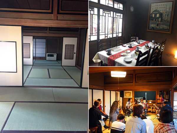 （左）20畳の和室（右上）洋室（右下）和室で行われていた音楽会、広い和室は、内容によって多様な使い方ができる