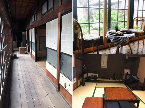 （左）改装前の縁側の様子（右上）改装後の縁側、元の窓を残しながら内側に断熱窓を設置（右下）10畳の和室、お茶会などで使われている