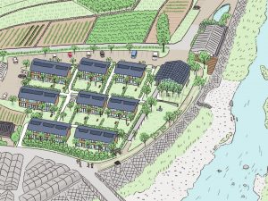 完成予定図。長屋式の住宅が20戸、それ以外に町に開かれた共用施設なども作られ、川沿いが一新する