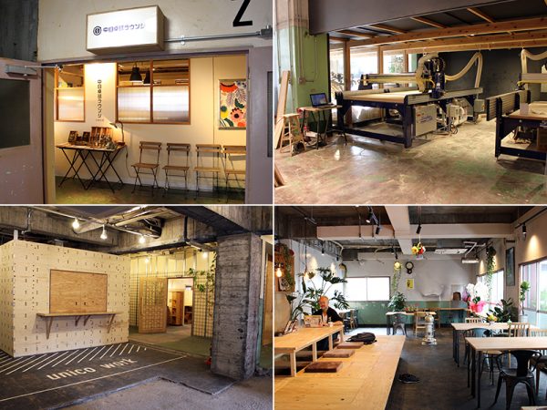 左上／2階にある卓球場兼ビストロの「中目卓球ラウンジ川崎分室」　右上／1階、デジタル機器を置く工房「VUILD」　左下／3階のシェアオフィス共用部。正面はミーティングルーム　右下／掘りごたつが目を引くコワーキングスペース「創荘」