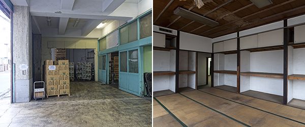 左／以前の本社社屋1階の様子。倉庫として使用していた　右／社員寮の様子。畳敷きに各人が布団を使い就寝（写真提供／ヨネヤマ）