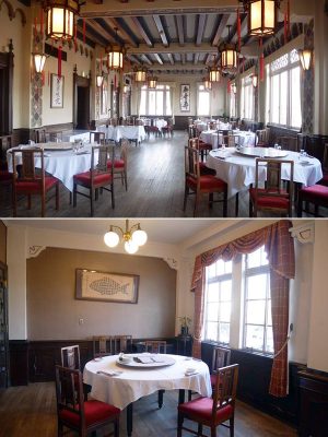 大きな宴会場から中規模、小規模な個室まで、部屋ごとに内装や建具が異なる。天井画の彩色は、オリジナルに合わせて改修し（上）、窓はデザインを変えずに材質をスチールからステンレスに変更し、往年の趣を維持している（下）