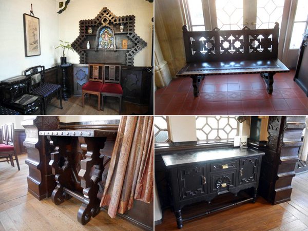 ヴォーリズ自身が設計した家具や調度類も多い。飾り棚と花台（左上）、長椅子（右上）、サイドテーブル（左下）、背の低い家具（右下）など、手入れが行き届き、黒々と光り輝いている。ヴォーリズ作品にあわせて、工夫して作ったオリジナル家具類もある