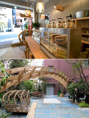 左／1階のカフェカウンター付近から通りを見る。ふらりと立ち寄れそうな距離感（写真提供／NENGO）　右／２つの棟をつなぐ1階の中庭。交流の場としても活用予定