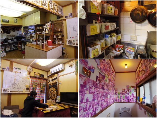 共用のキッチン（写真上）と、リビングスペース（左下）1階にもう一つ喫煙車向けの共用リビングと、2階に共用の作業部屋がある。キッチンの棚やカウンターは、住人と一緒に作ったものだ。2階のトイレには、以前の住人が始めた家族写真がぎっしり（右下）