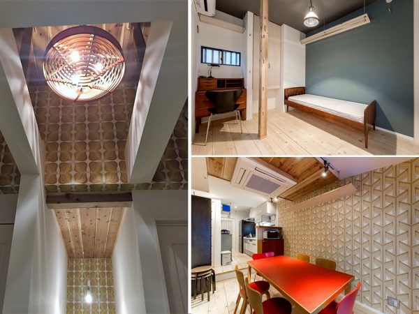 防音・断熱対策が十分に施され、海外の職人の手作り家具が並ぶ個室（右上）。共有スペースのキッチン・ダイニングの家具や食器もこだわりのものが並ぶ（右下）。壁紙もこだわり、フランスやイギリスの60´Sのアンティーク品を輸入している