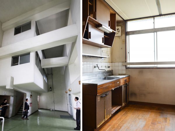 （写真左）エレベーターホールはすべて吹き抜け空間に （写真右）建築当時の内装を残した1DKのキッチン