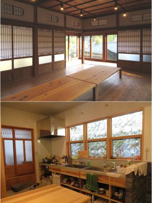 1階の広間とキッチン。建具などは元々あったものを利用しているそうで、既存の住宅の質の高さが伺える