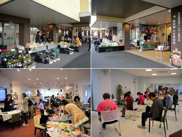 「もやいマルシェ」の様子。「銀杏庵穴生倶楽部」の内外に出店が並び、体操教室やワークショップなどのイベントも開催される