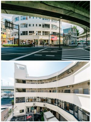 緩やかなカーブを描く印象的な建物を外から、内側からそれぞれ見たところ