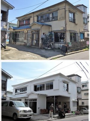 上）改修前は2軒長屋だった</BR>下）改修後のカサコ。敷地面積165ｍ2、</BR>建築面積97.98ｍ2、延床面積157.73ｍ2