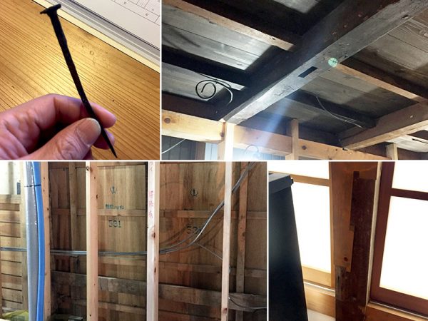 写真左上/江戸時代末期～明治初期の建物に仕様されていたという和釘（わくぎ）<br>
右上/梁に空けられた“ホゾ穴”。柱などが建っていた場合に空いているが、これがこの建物の痕跡なのか、別のところで使われていた時の古材穴なのかの判断が必要<br>
左下/改修する家の仕上げ材を剥がしたら隣家の配線が、ということも<br>
右下/木造建築の柱や梁に用いられる部材と部材を継ぐ「継手」の技術