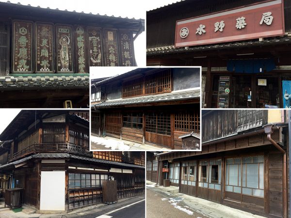 屋根の低い平屋→通りに面した家の表側に「厨子二階（つしにかい）」と呼ばれる中二階の家屋（写真中央）→総二階建て、と、江戸から明治にかけての建物の変遷も見ることができる。<br>
木製の手すりがついた家屋は昔、旅籠だったことが多いとか（写真左下）。格子戸や木製のガラス戸、明治時代からの看板などが残るまちなみがこの先もずっと残っていくことを願う