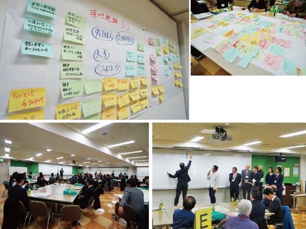 ▲チームディスカッションでは写真のような付箋を使い、現状の課題や改善点についてどんどん書き出していく。こうしてチームの中で考え意見を交わすことで、また新たな課題が見えてくる。付箋の内容にはネガティブなキーワードも多く、今後の不動産業界への不安も窺えたが、参加者の表情は楽しそうで皆活発に発言していたのが印象的だった