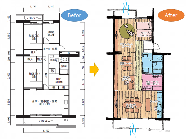 和室2間の押入れを取るなどして間取りを変更。Afterは、開放的に使えるようになった「みんなのワンルーム」の使用イメージ例
