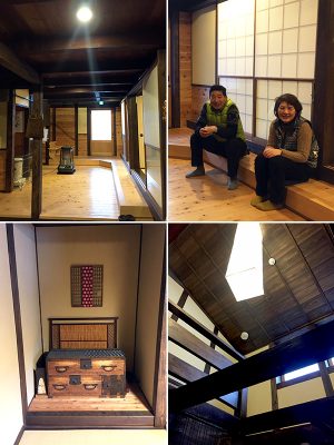 外観と合わせた和の雰囲気が落ち着く『やなぎ屋』。写真左上：土間を進むと吹き抜けの明るいロビーが広がる。寒い時期は宿泊客も集まってストーブを囲んでだんらんすることも。写真右上：宮澤博光さんと土岐幸枝さん