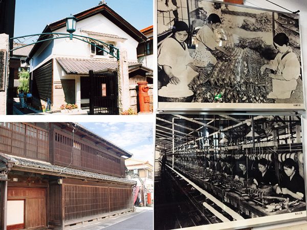 写真左上・下：明治末期の建物「大正の館」「銀行蔵」を含む「大正村資料館」は、村唯一の有料施設（大人300円）。奥にある「銀行蔵」は木造4階建てで手動のエレベーター付き。この建物自体が貴重な資料だ<br>写真右：資料館内にある、製糸業が盛んだったころの写真。中馬街道の宿場町として発展し、養蚕・製糸業で栄えていた明智町は岐阜県でも上位の財政力をもっていたという