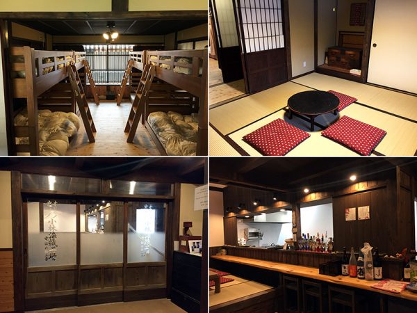 木造２階建て、延べ面積264平方メートルの内部には男女混合のドミトリー（左上）、ちゃぶ台が懐かしい雰囲気の和室（右上）など、5つのゲストルームが用意されている。<br>
写真下は1階の寿司屋。染物屋だったころに使われていた擦りガラスの引き戸がゲストハウスとの通用口だ