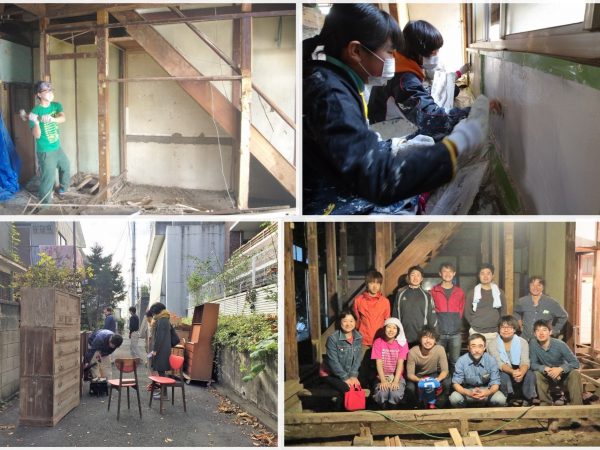 壁の解体や仕上げなど、できることは自分たちで頑張った。壁の漆塗りでは地元の子どもたちも参加してくれた</BR>下右）解体中のひとこま。前列左から2番目が冨永さん</BR>
下左）地域の空き家に出向き、家具や建具などを譲り受けた
