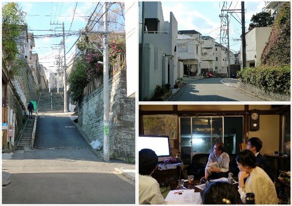 なだらかな坂道を登っていった先、住宅地にカサコがある</BR>写真右下は、改修前の運営チームのミーティング風景。今でもミーティングはほぼ毎週実施しているという
