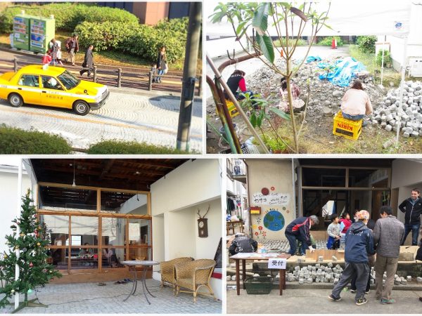 上左）かつての野毛坂は石畳の道だった</BR>上右）ピンコロ石の整形作業の様子</BR>下右）軒下にピンコロ石を敷き詰めていく作業には、多くの地域住民が参加してくれた</BR>下左）現在の軒下サロン。テーブルと椅子は地域の空き家から譲り受けたものを再利用