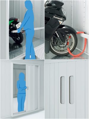 写真左上から時計まわりに「盗難バー」「ワイヤーロックバー」「採光壁」「壁面扉」。写真は稲葉製作所の「バイク保管庫」のもので、すべてオプション商品