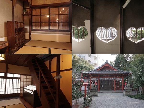 どの客室にも神棚がある（左上）、猪目窓には鉄格子がはめられている（右上）、娼妓溜にも階段があり、客とは別のルートで二階にあがっていたという（左下）、静御前を守った源九郎狐を祀る源九郎稲荷（右下）