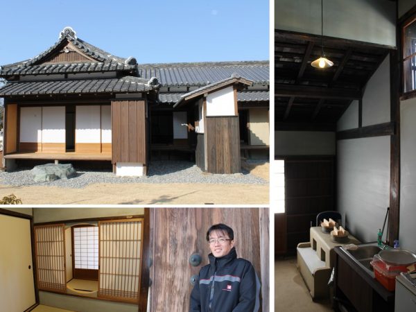 通りからは想像できない立派な面構えの長屋（左上）。円を描いた趣向を凝らした障子窓。これは、明治期の移築で整えられたもの（左下）その隣が、今回お話しを伺った和歌山市 産業まちづくり局 観光国際部 和歌山城整備企画課 企画管理班の工藤直士事務主査。システムキッチンが入っていたという台所には、明治期の移築で土間の台所となった場所、現在は竈を再現している（右）